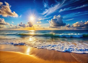 Obraz premium Golden beach, deep blue sea, sunny sky bliss. A calming 4K cinemagraph of tranquil ocean waves.