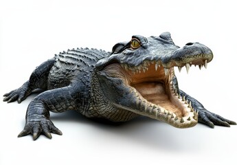 Obraz premium Realistic depiction of a crocodile with open mouth showing sharp teeth, showcasing texture and detail of reptilian skin against a plain background