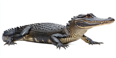 Fototapeta premium Realistic depiction of a crocodilian reptile resting on a smooth surface showcasing its scaly texture, vivid colors, and sharp features with an alert expression