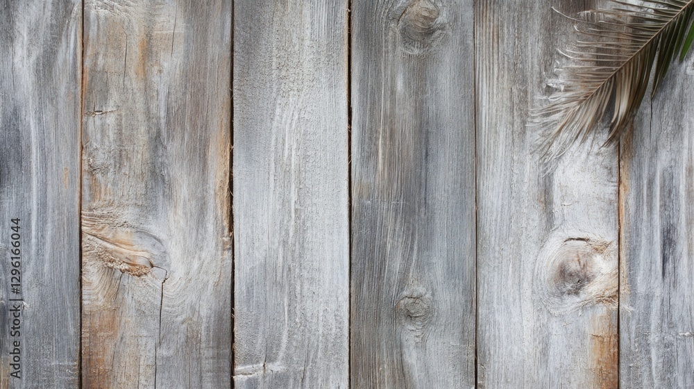 Poster a rustic wooden backdrop features worn gray planks, exuding a tranquil vibe. a gentle palm leaf rest