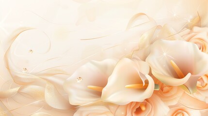 Fototapeta premium A delicate floral illustration with white calla lilies, peach roses, and a shimmering, peachy background.