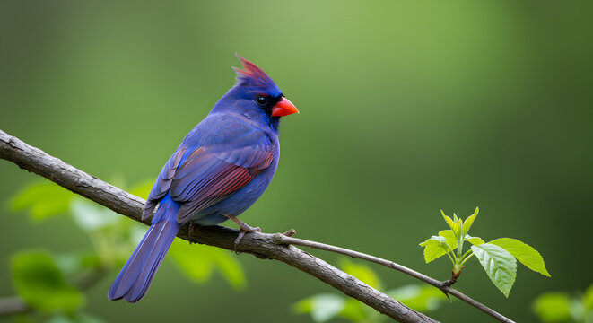 A vibrant blue cardinal perched on a tree branch amidst fresh green spring leaves. The bird's bright plumage and red beak contrast beautifully against the natural background 