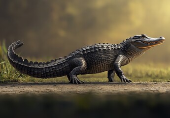 Obraz premium Realistic depiction of a crocodilian reptile walking on the ground in a natural habitat during golden hour, showcasing intricate textures and details