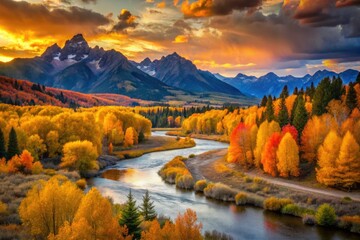 Fototapeta premium Golden hour illuminates breathtaking autumn scenery, vibrant foliage perfectly composed using the rule of thirds.