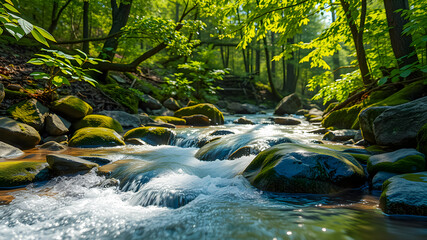 Water cascades on a small river in a vibrant green forest in summer, tranquil serene scenery with a peaceful vibes. Majestic nature background wallpaper soft sunlight, calmness rocks with moss, leaves