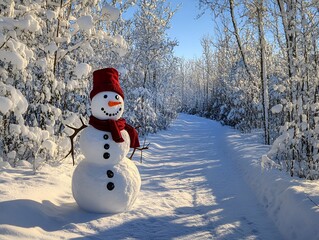 Cute Snowman with Christmas Hat and Scarf in Festive Snowfall