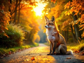 Naklejka premium Golden hour paints a breathtaking scene: a majestic fox graces a scenic autumn highway.