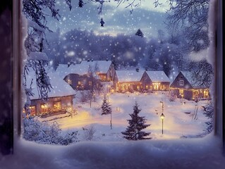 Snowy Christmas Landscape with Trees, House, and Frosty Night Sky