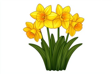 a 2D cartoon illustration of a blooming daffodil plant, bright and yellow, white background
