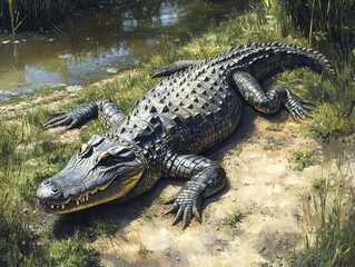 Obraz premium Realistic depiction of a large crocodile resting on the riverbank, showcasing its scales, habitat, and natural environment in bright sunlight
