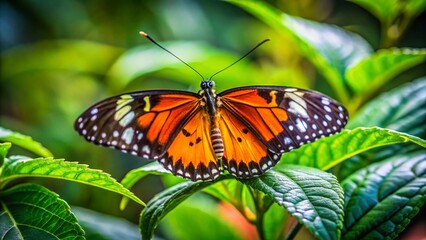 Fototapeta premium Candid Photo: Orange, Black & White Butterfly Hidden in Lush Green Leaves