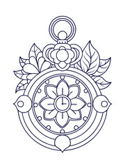 Vintage Pocket Watch with Floral Elements – Adult Coloring Page on White Background
