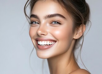 Naklejka premium Beautiful young woman smiling with perfect teeth on a gray background, close-up portrait, beauty and skin care concept, copy space for text, 