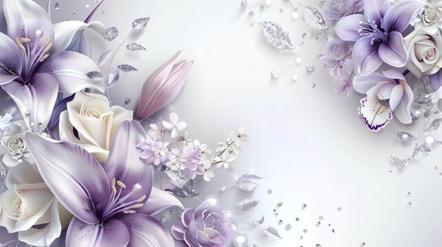 A digital illustration of a bouquet of pink, white, and purple flowers with a silver glittery background.