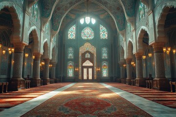 Obraz premium Grand interior of a historic mosque with intricate archways, stained glass windows, and ornate carpet flooring