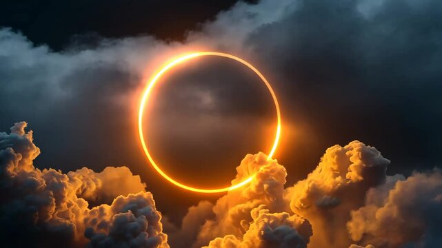 circle frame cloud render gold color neon light dark background ai generated video concept
