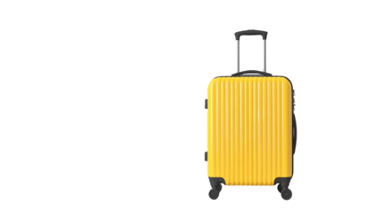 Yellow Plastic Suitcase With Retractible Handle and Wheels On Transparent Background, PNG