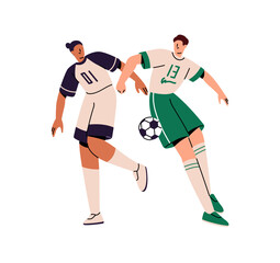 Soccer opponents in uniforms play, rushing to win. Professional football players dribbling, kicks, hits ball. Sports game match, championship. Flat isolated vector illustration on white background