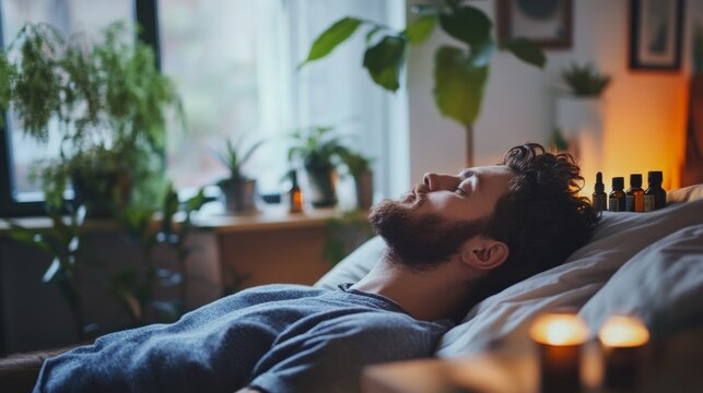Rare illness patient relaxing with aromatherapy in a cozy room. Featuring stress relief and comfort