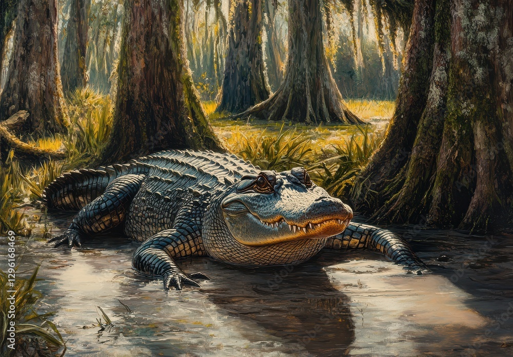Poster realistic depiction of an alligator resting in a serene swamp environment surrounded by lush vegetat