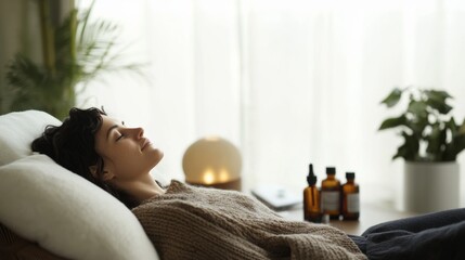 Rare illness patient relaxing with aromatherapy in a well-lit room. Featuring stress relief and relaxation