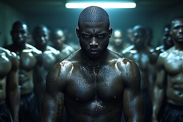 Powerful, sweaty muscular man stands out from a line of similarly built men, showcasing determination and strength.  A compelling metaphor for teamwork, competition, or overcoming adversity.