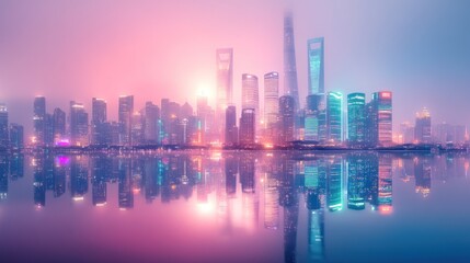 Fototapeta premium Shanghai Skyline Reflection: A Dreamlike Cityscape at Dusk