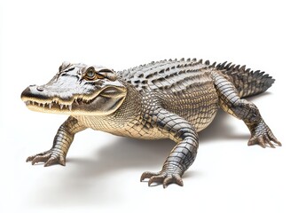 Fototapeta premium Realistic depiction of an alligator showcasing intricate details of skin texture, scales, and posture in a studio environment on a white background