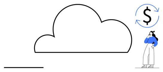 Woman pondering about a large cloud with dollar sign envelopes. Ideal for cloud storage, financial growth, decision-making, innovation, technology, investment strategies, and future planning