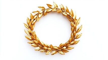 A gold wreath with leaves is displayed on a white background. The wreath is circular and has a gold color