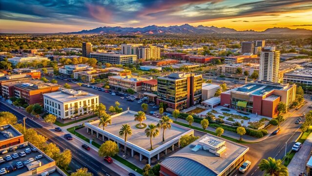 Chandler Arizona Downtown Aerial View, January 4, 2022:  Afternoon Sunlight on Urban Core, Photorealistic