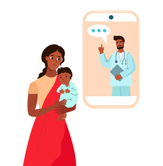 Indian mother.  Online medical consultation, e-health concept. Pediatrics online. India Remote Medicine. cartoon flat vector illustration isolated on white background.