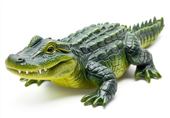 Fototapeta premium Realistic green crocodile toy figure with intricate details, showcasing lifelike texture and vibrant colors on a plain white background for creative projects