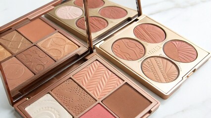 Various shades of blush and bronzer in makeup palettes, showcasing the range of colors for complexion and face definition. Excellent for makeup demonstration and color matching guides.
