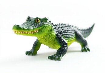 Realistic Green Plastic Alligator Toy Captured on Bright White Background Ideal for Children's Play, Education, and Creative Imagery