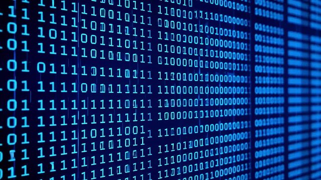 Abstract representation of binary code on a digital screen, showcasing data flow and technology