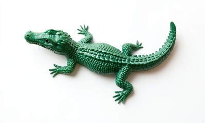 Fototapeta premium Realistic Green Plastic Alligator Toy on White Background for Creative and Educational Use in Child Play and Decoration Ideas