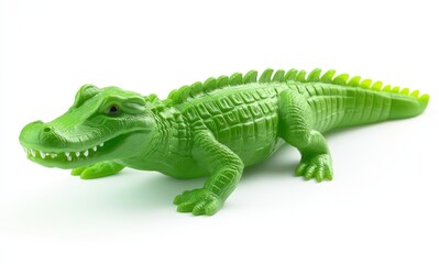 Fototapeta premium Realistic Green Toy Crocodile Figurine on White Background for Fun Play and Educational Purposes in Playrooms and Children's Activities