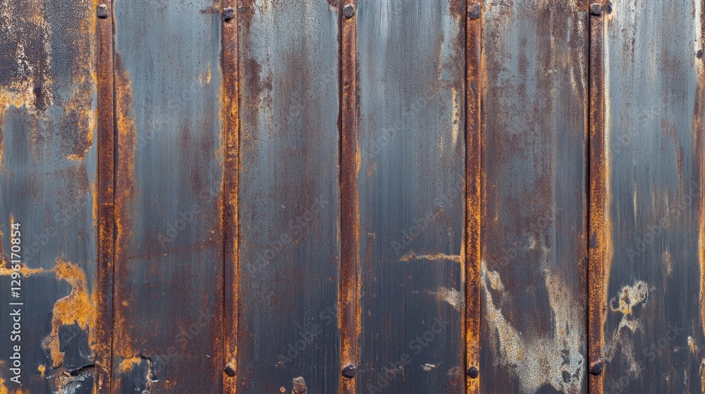 Poster close-up of a rusted metal surface in muted tones, revealing intricate patterns of wear and deterior