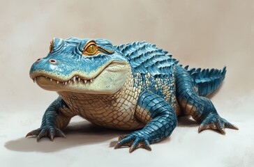 Obraz premium Realistic illustration of a blue-scaled crocodile with textured skin, showcasing vibrant yellow eyes and intricate details in a neutral background setting