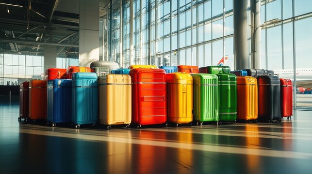 A collection of colorful suitcases stands in an airport terminal, with an airplane visible in the background. For travel blogs, airline promotions, packing guides, evoking the excitement of adventure
