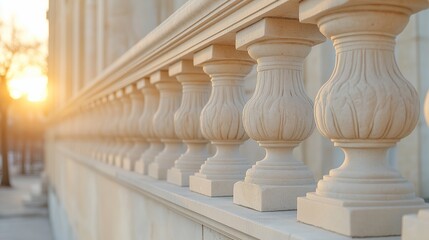 Beautiful evening light shines on decorative railing along a historic building
