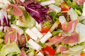 Vegetable salad with lettuce, mozzarella and jamon, close-up