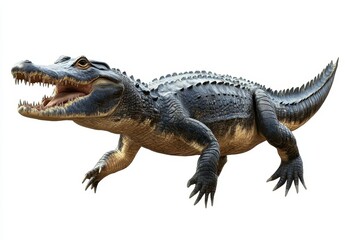 Fototapeta premium Realistic illustration of a prehistoric crocodile-like reptile showcasing its sharp teeth and detailed scales in a dynamic pose against a white background