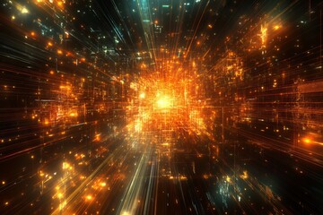 Obraz premium Abstract Digital Cityscape Glowing Orange Lines Network Futuristic Technology Background Bright Energetic Modern Design Illustration Digital Art 