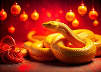 Obraz premium Chinese New Year Snake: Lunar New Year Yellow Serpent on Red Background Night Photography Stock Photo