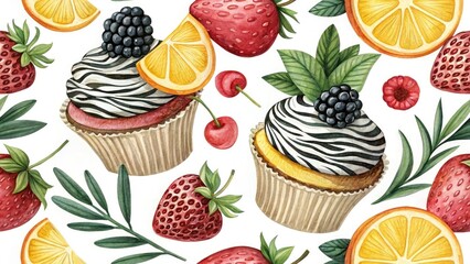 Zebra Striped Cupcakes & Fruit Platter: Creative Food Photography, Delicious Dessert, Artistic Food Styling