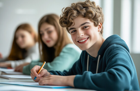Des élèves en classe au collège, jeune garçon blond qui tient un stylo et qui sourit
