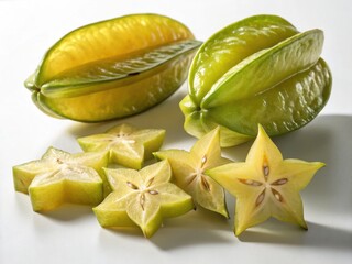 Star fruit and slices on white surface