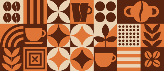 A vintage-inspired coffee-themed geometric pattern with abstract shapes, coffee cups, beans, and leaves in warm earthy tones. Ideal for backgrounds, wallpapers, and branding designs.